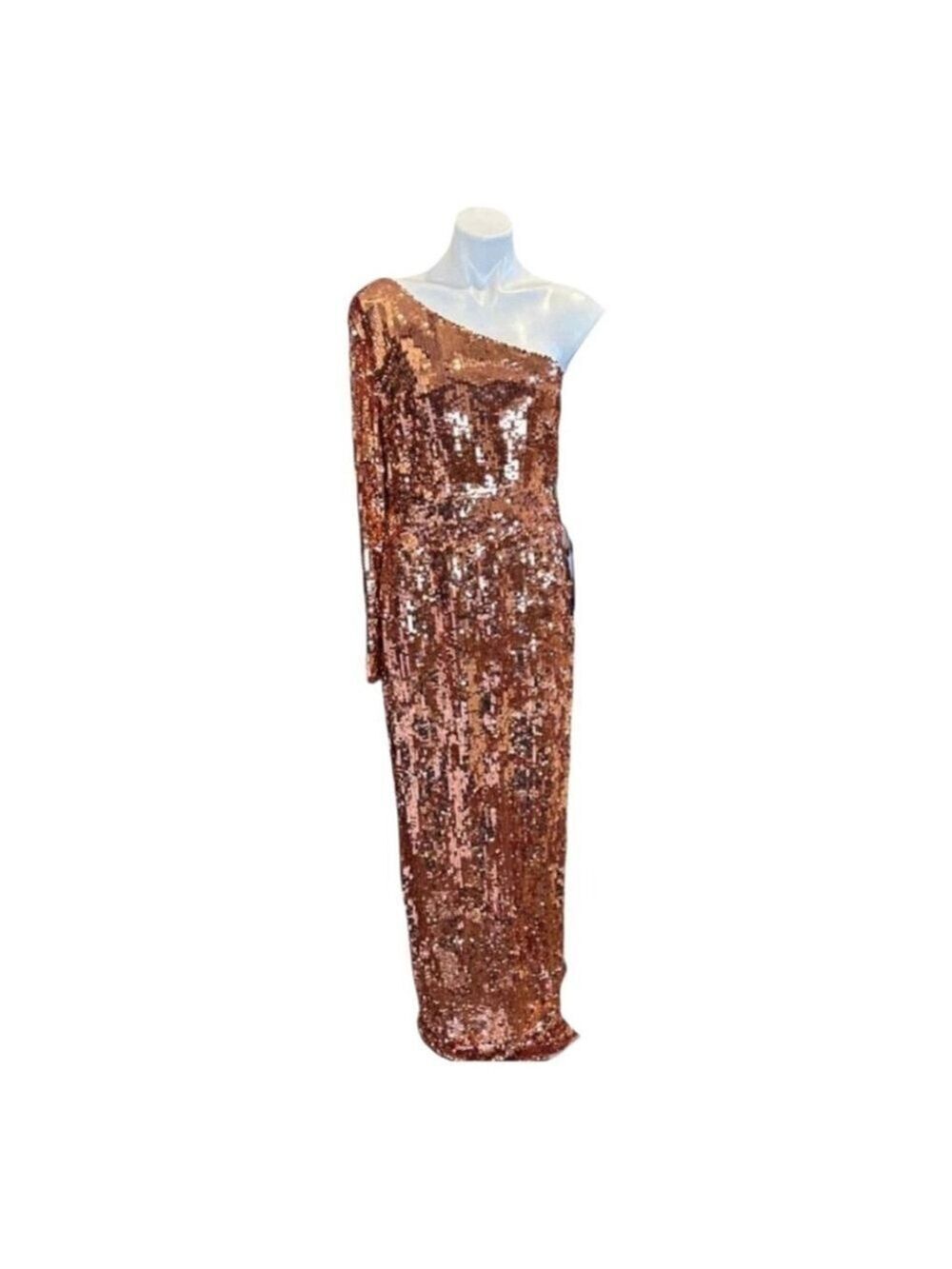 Mac Duggal Cognac Gold Sequin One-Shoulder Gown Size 8 - Picture 7 of 11